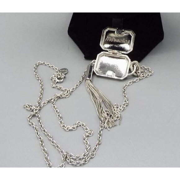 Chico's Silvertone Miracles Locket Crystal Jeweled Long 32" Rolo Chain Necklace - Picture 4 of 13